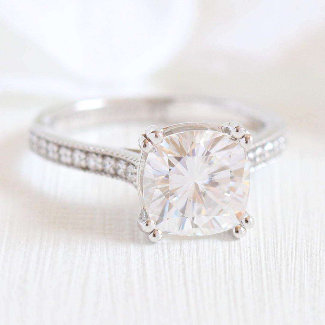 Solitaire Cushion Moissanite Ring With Milgrain Diamond Band