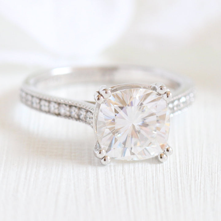 Solitaire Cushion Moissanite Ring With Milgrain Diamond Band