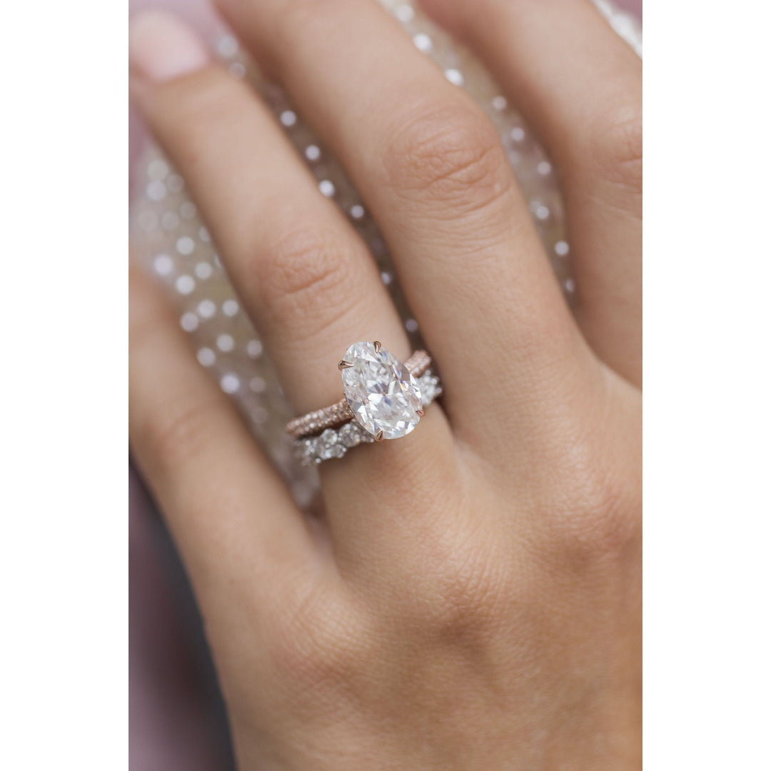 3.20CT Elongated Oval Cut Three Side Pave Moissanite Diamond Hidden Halo Engagement Ring
