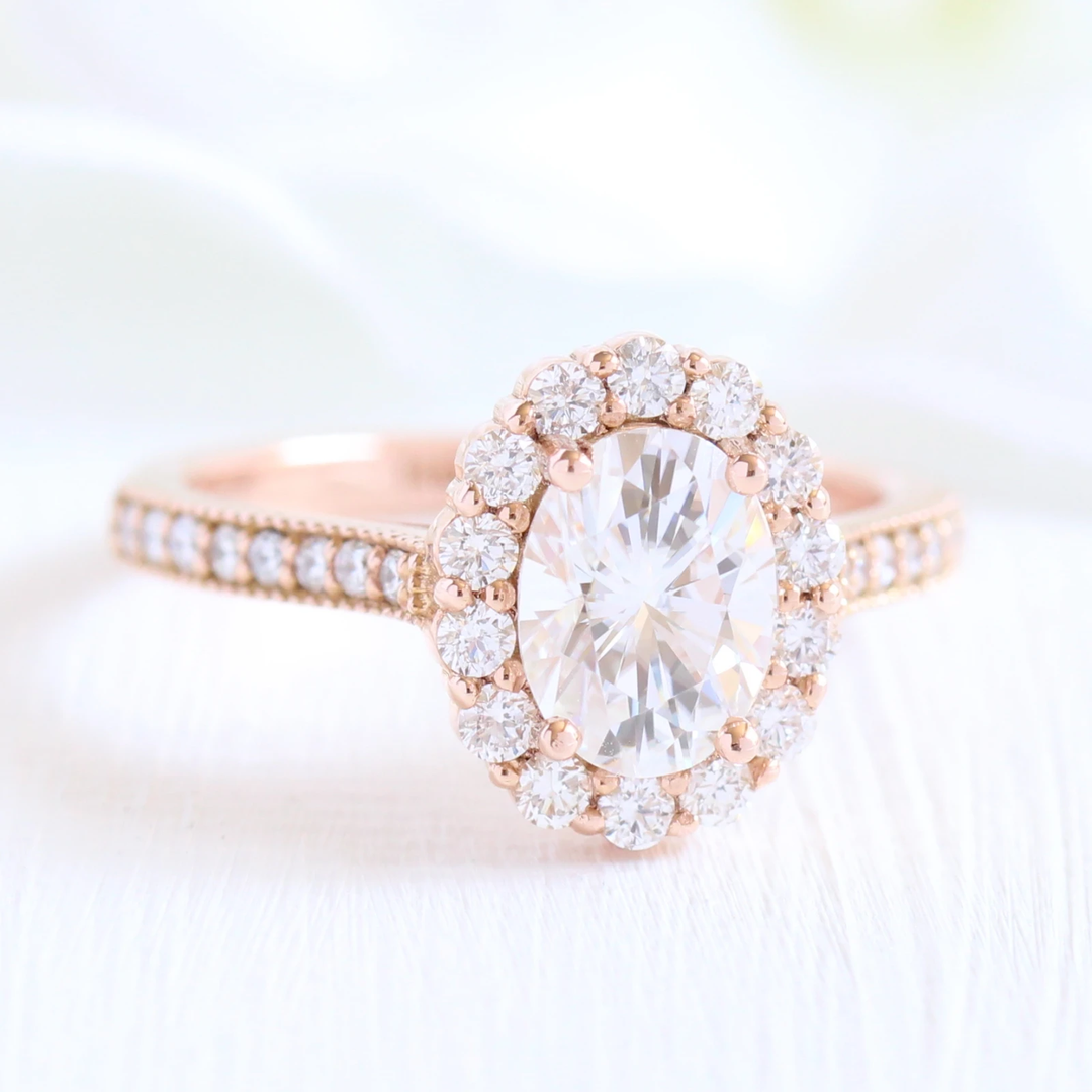 Oval cut moissanite with halo bridal band set 14k in rose gold