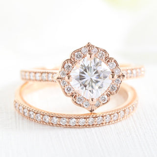 Mini Vintage Floral Inspired Cushion Moissanite Ring With Milgrain Diamond Band