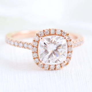 Cushion cut moissanite with halo bridal band set 14k in rose gold
