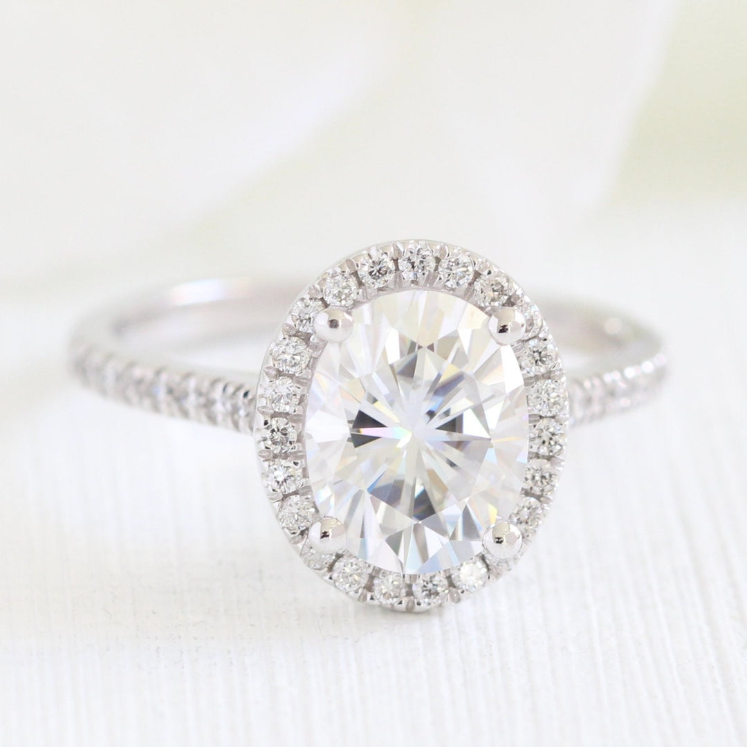 Oval Halo Pave Moissanite Ring With Scalloped Diamond Band