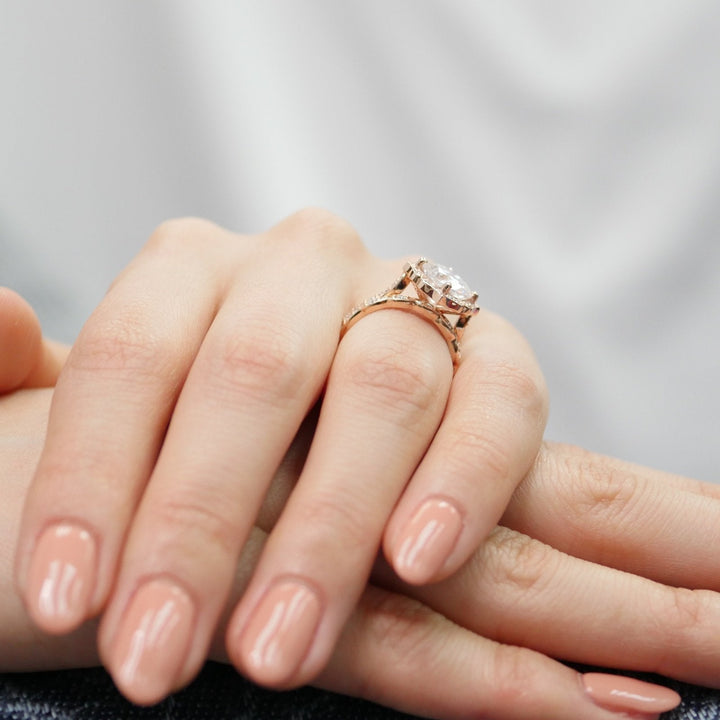 Round Floral moissanite with bridal band set 14k in rose gold