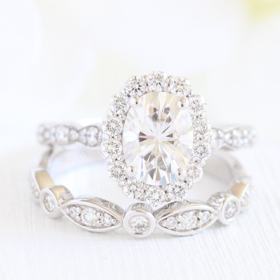 1.50ct Oval Moissanite Halo Engagement Ring With Matching Diamond Band