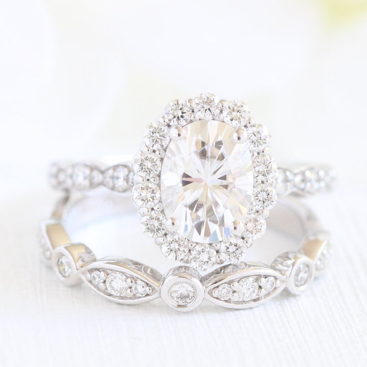 1.50ct Oval Moissanite Halo Engagement Ring With Matching Diamond Band