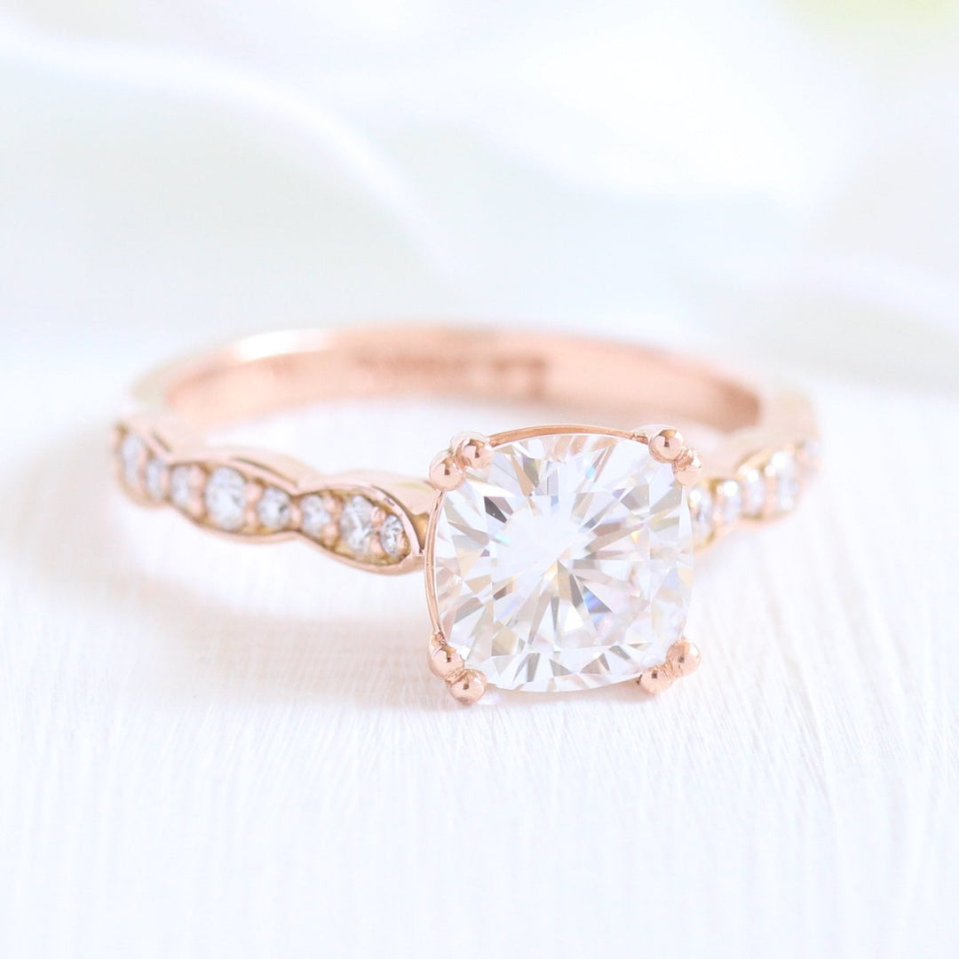 Cushion Cut Moissanite Ring With Halo Diamond Band
