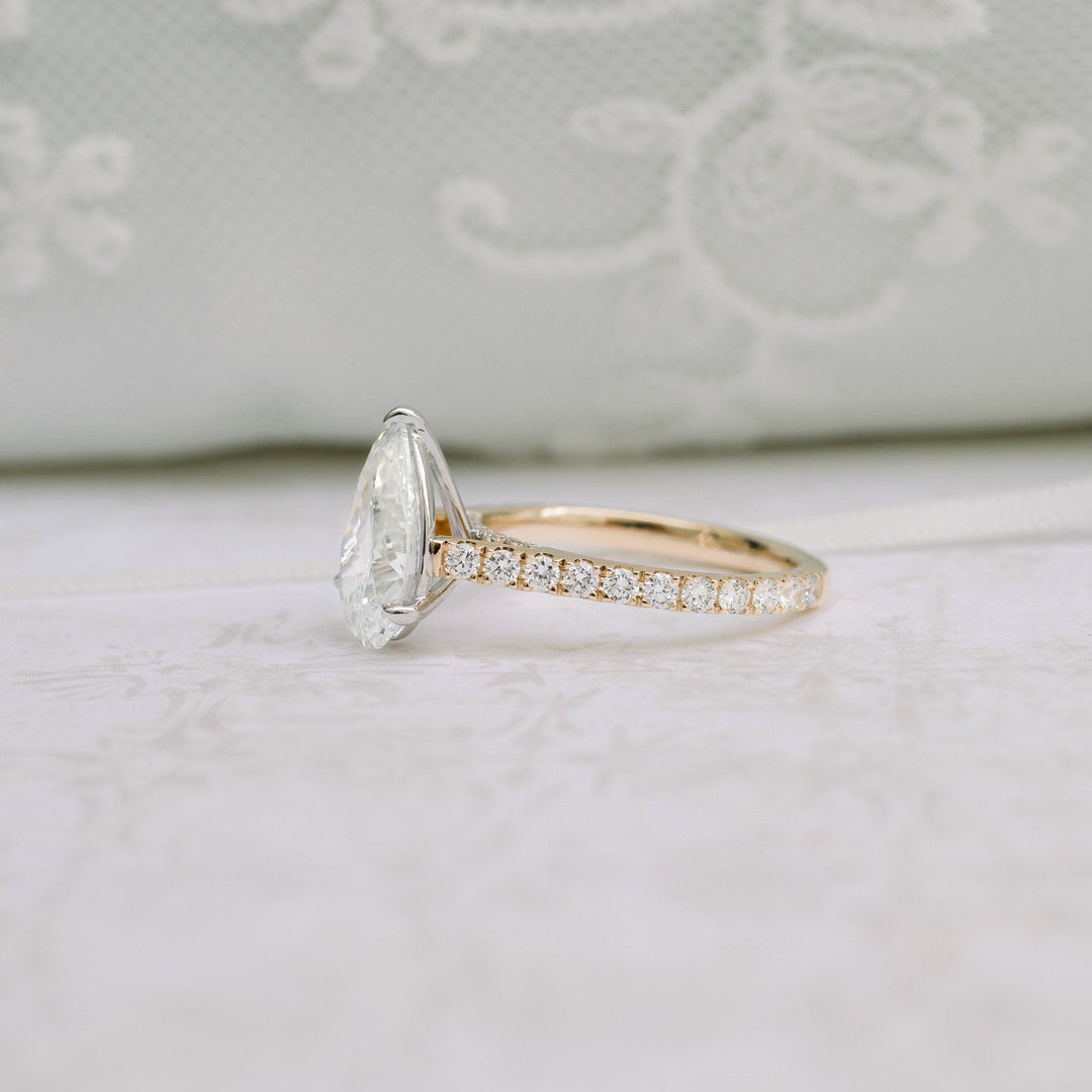 2.25CT Pear Cut Moissanite Cathedral Pave Diamond Engagement Ring