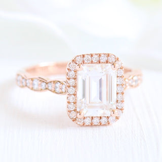 Emerald Cut Moissanite Ring With Halo Diamond Band