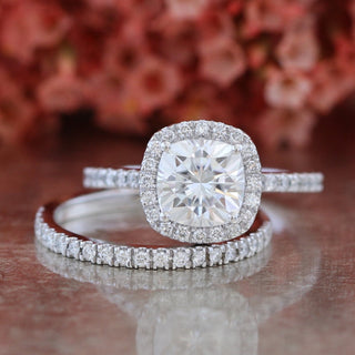 Cushion Cut Halo Pave Moissanite Ring With Diamond Band Ring