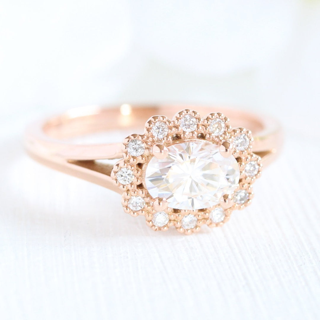 1.0ct Oval East-West Halo Engagement Ring With Bezel Wedding Band