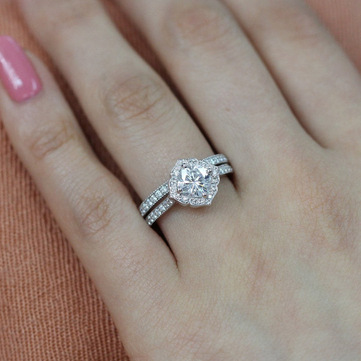 Cushion cut moissanite with bridal band set 14k in rose gold