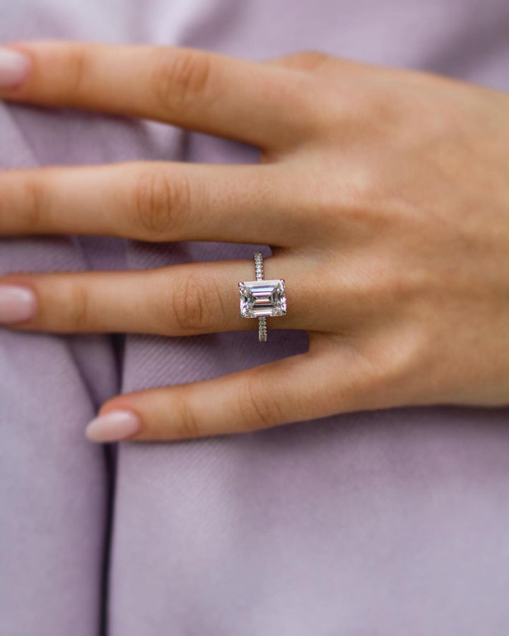 3.25 CT Emerald cut Hidden Halo Moissanite Engagement Ring