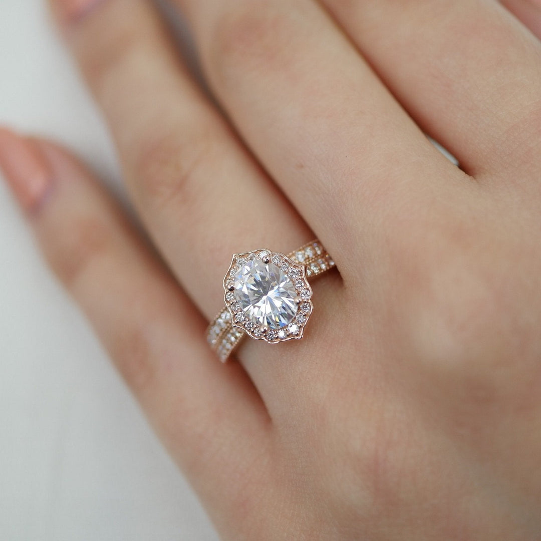 1.50ct Oval Moissanite Halo Engagement Ring Match with Channel Set Band