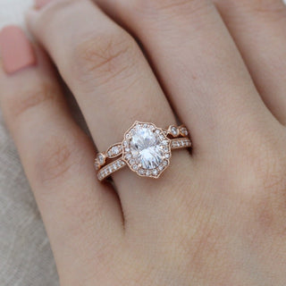 Oval Cut Floral Moissanite Ring With Bezel Diamond Band Ring