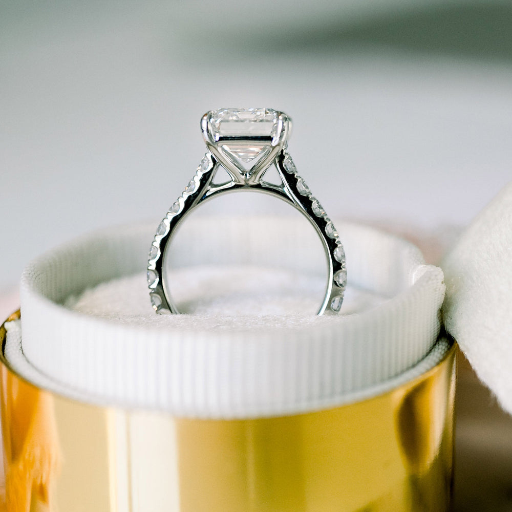 1.75CT Emerald Cut Moissanite Cathedral Pave Diamond Engagement Ring