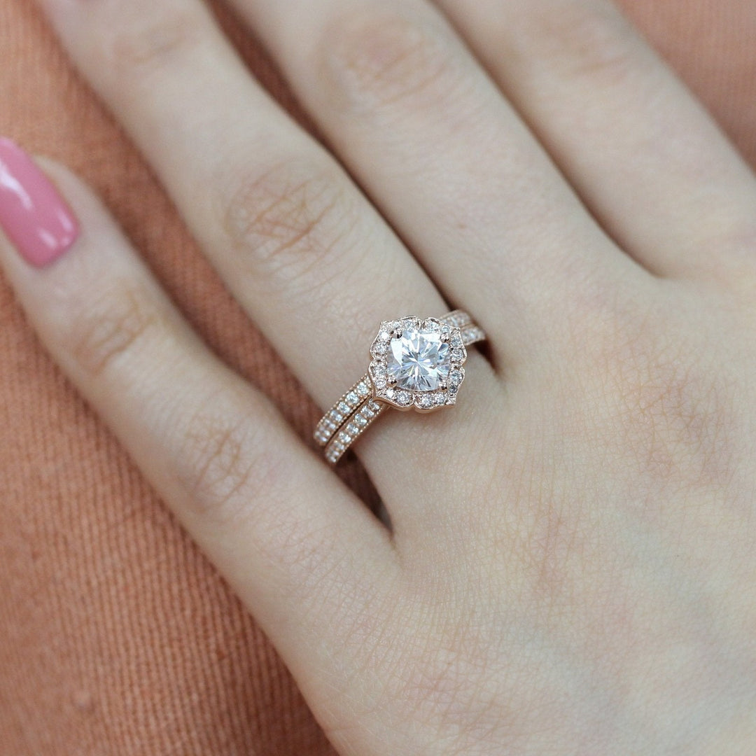 Mini Vintage Floral Inspired Cushion Moissanite Ring With Milgrain Diamond Band