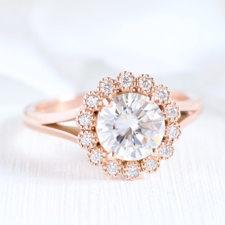 Vintage Round Cut Halo Moissanite Ring With Milgrain Diamond Band