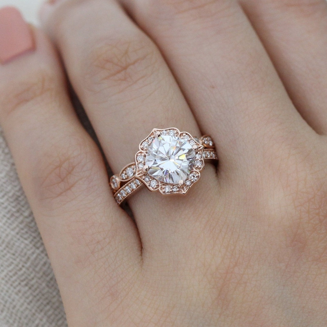Vintage Floral Cushion Cut Bridal Set With Moissanite Milgrain Band