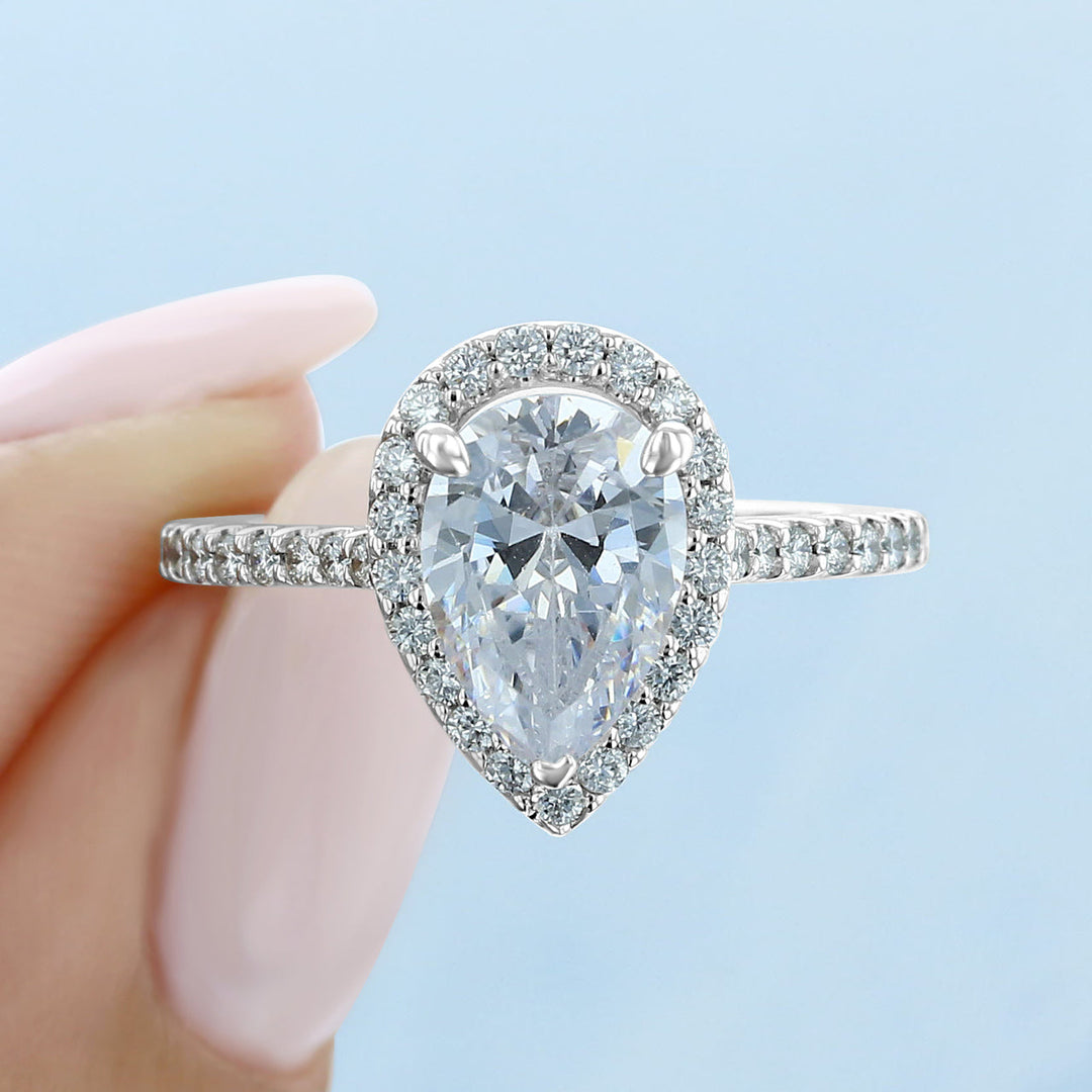 1.93 ct  Pear cut Halo  Moissanite solitaire  Engagement Ring
