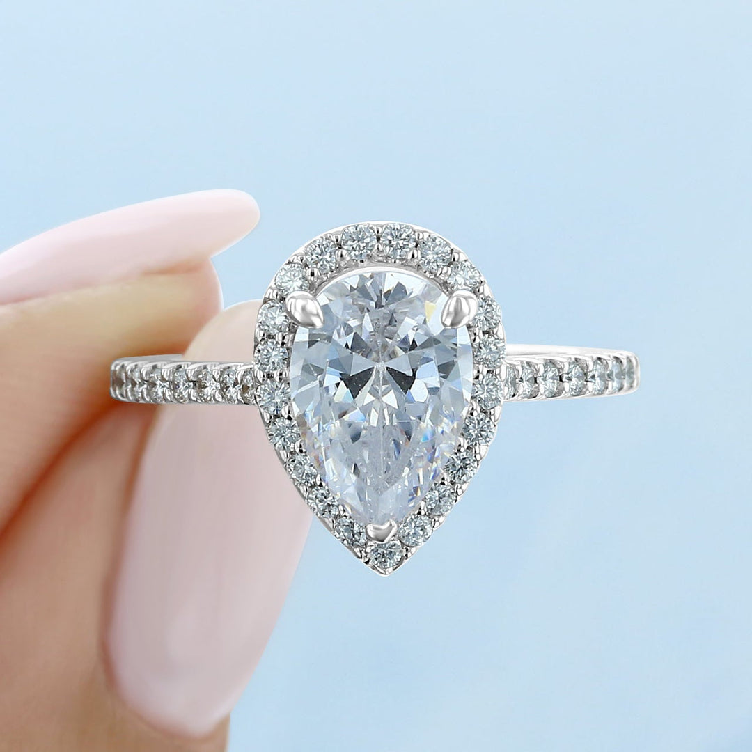 1.93ct Pear Cut Halo Moissanite Solitaire Engagement Ring