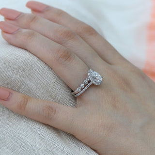 Pear Halo Pave Moissanite Ring With Milgrain Band Ring