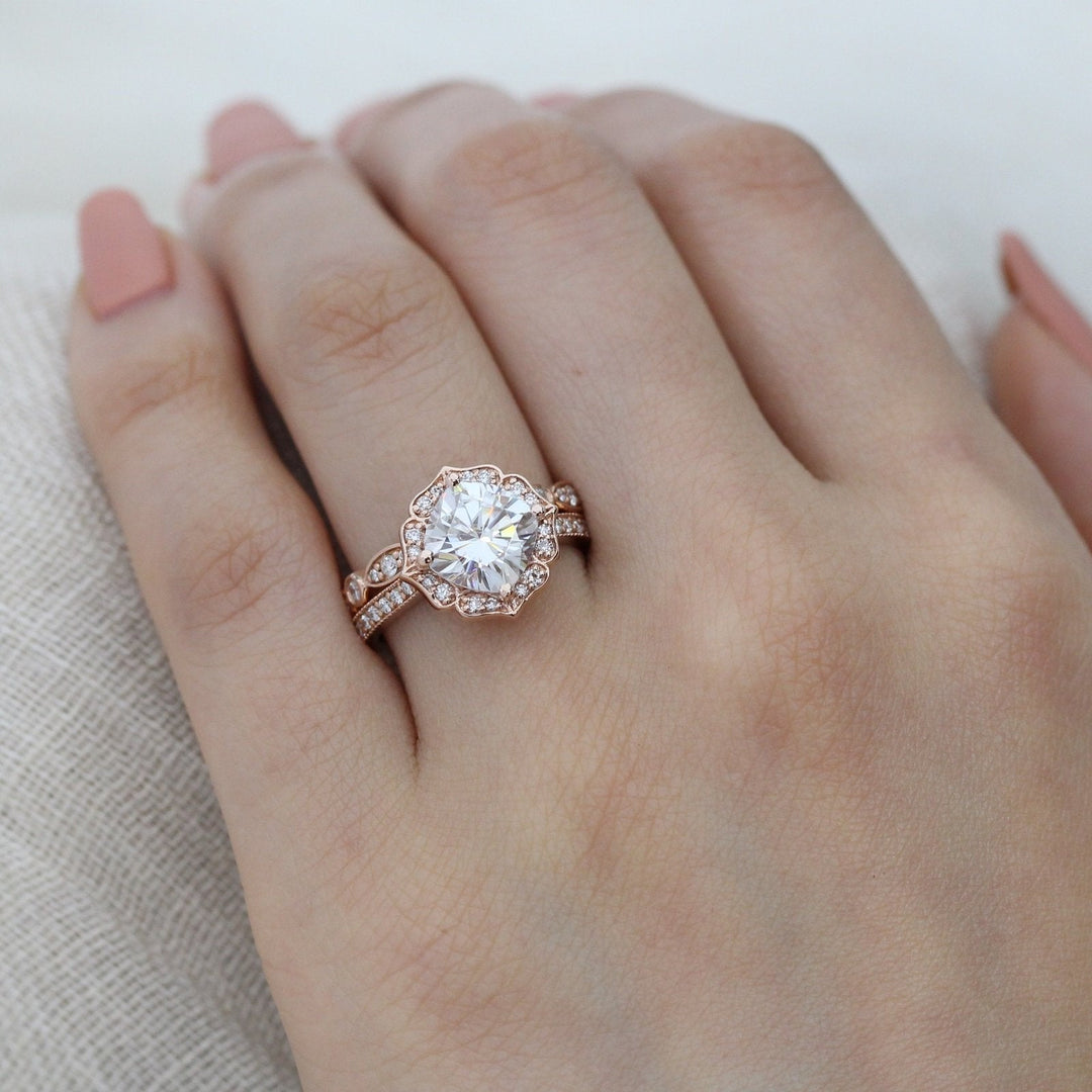 Vintage Floral Cushion Cut Bridal Set With Moissanite Milgrain Band