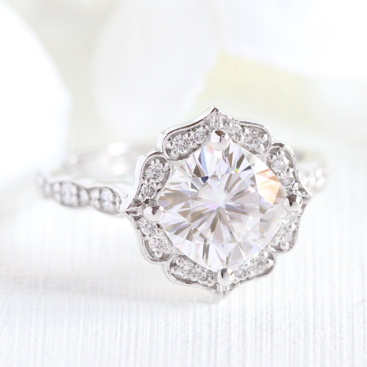 Cushion Cut Vintage Floral Moissanite Ring With Scalloped Diamond Band