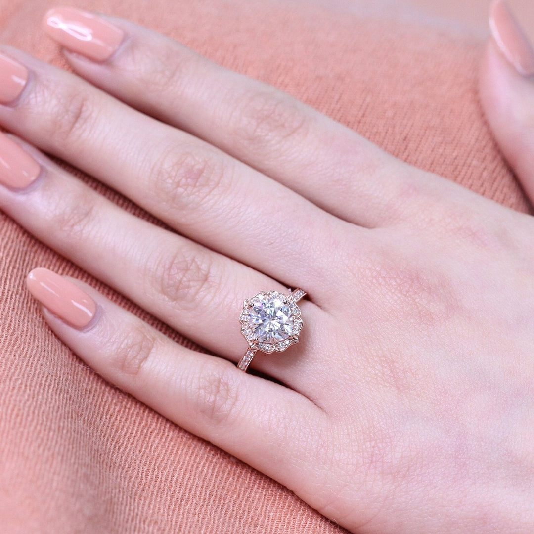 Vintage Floral Inspired Cushion Moissanite Ring With Milgrain Diamond Band
