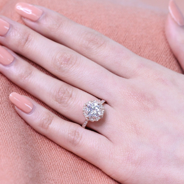 Vintage Floral Inspired Cushion Moissanite Ring With Milgrain Diamond Band