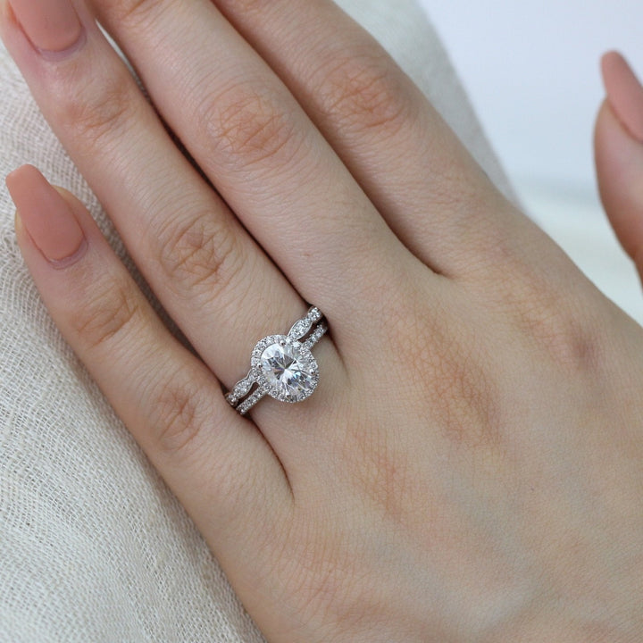 Oval Halo Pave Moissanite Ring With Scalloped Diamond Band