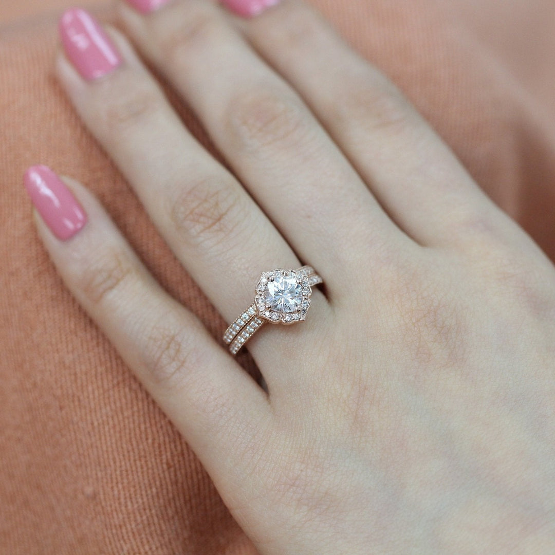 Mini Vintage Floral Inspired Cushion Moissanite Ring With Milgrain Diamond Band