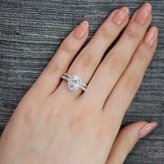 Oval cut moissanite with halo bridal band set 14k in rose gold