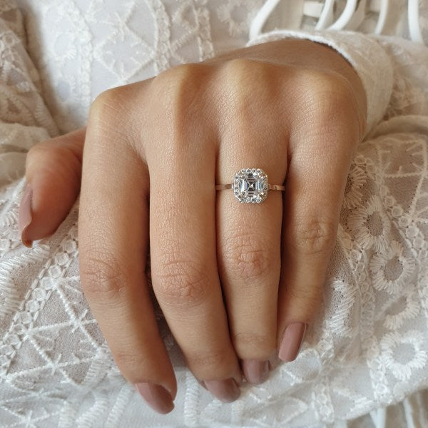 1.30CT Asscher Diamond Double Halo Moissanite Engagement Ring