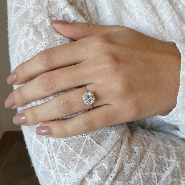 1.30CT Asscher Diamond Double Halo Moissanite Engagement Ring