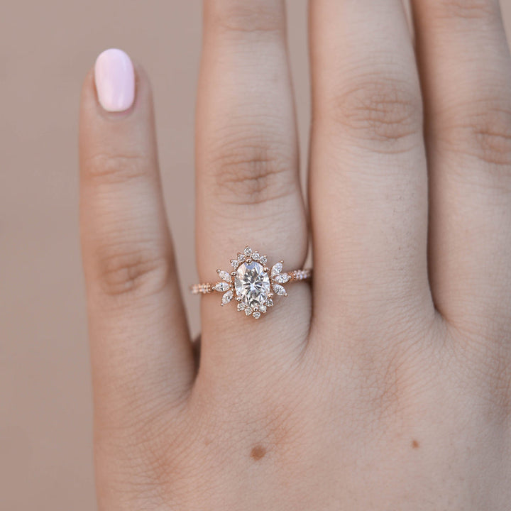 1.20CT Oval Cluster Moissanite Halo Diamond Engagement Ring