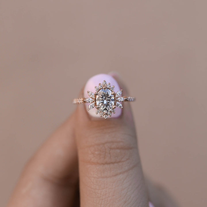 1.20CT Oval Cluster Moissanite Halo Diamond Engagement Ring