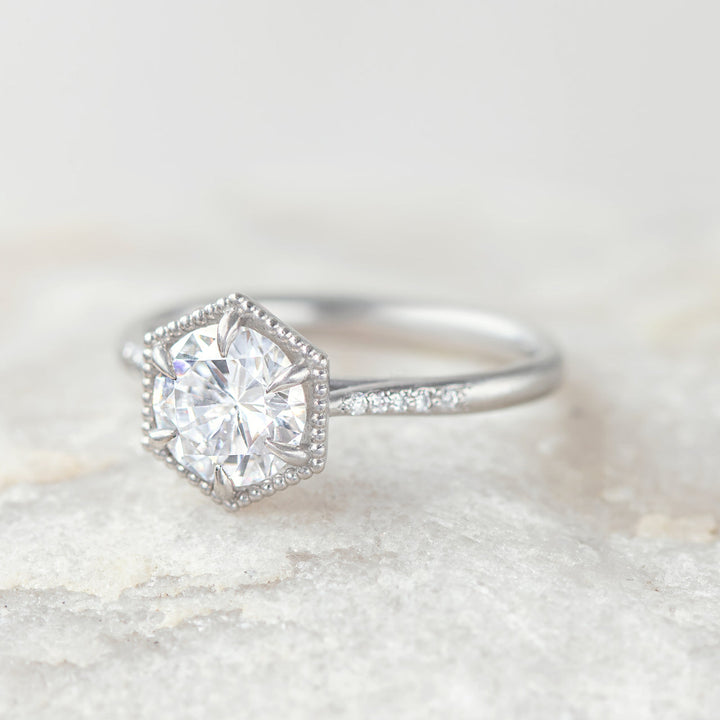 1.20 CT Round Cut Hexagon Halo Moissanite Engagement Ring
