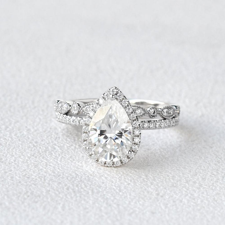 1.80CT Pear Cut Moissanite Halo Engagement Ring with Vintage Style Wedding Band