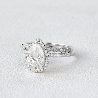 1.80CT Pear Cut Moissanite Halo Engagement Ring with Vintage Style Wedding Band