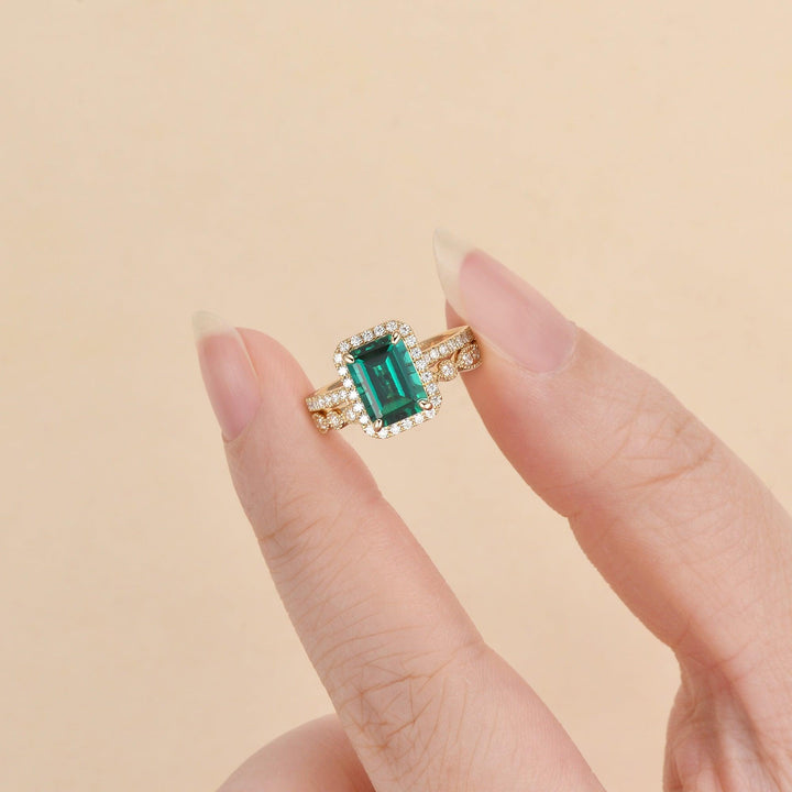 1.91ct Emerald & Moissanite Halo Gold Bridal Ring Set 18K Rose Gold For Her