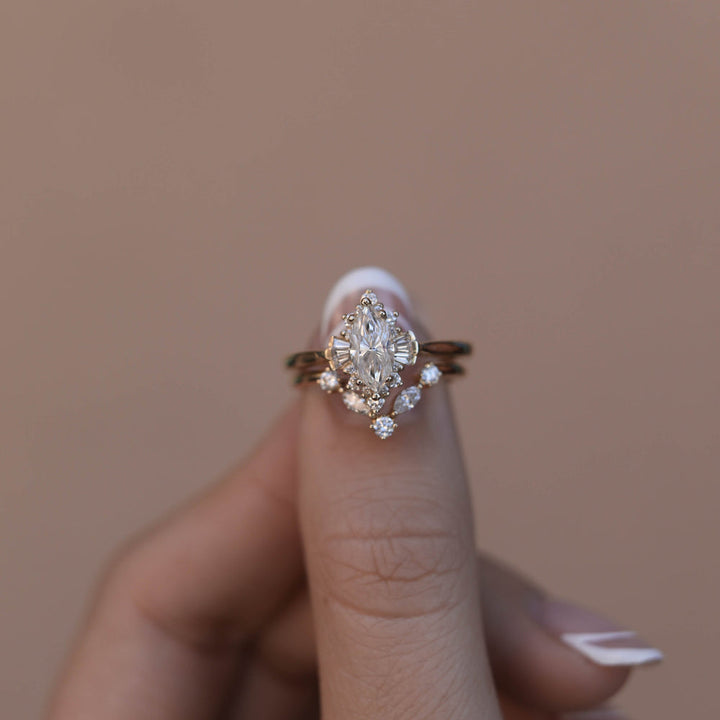 0.75CT Marquise Moissanite Cluster Diamond Wedding Ring Set