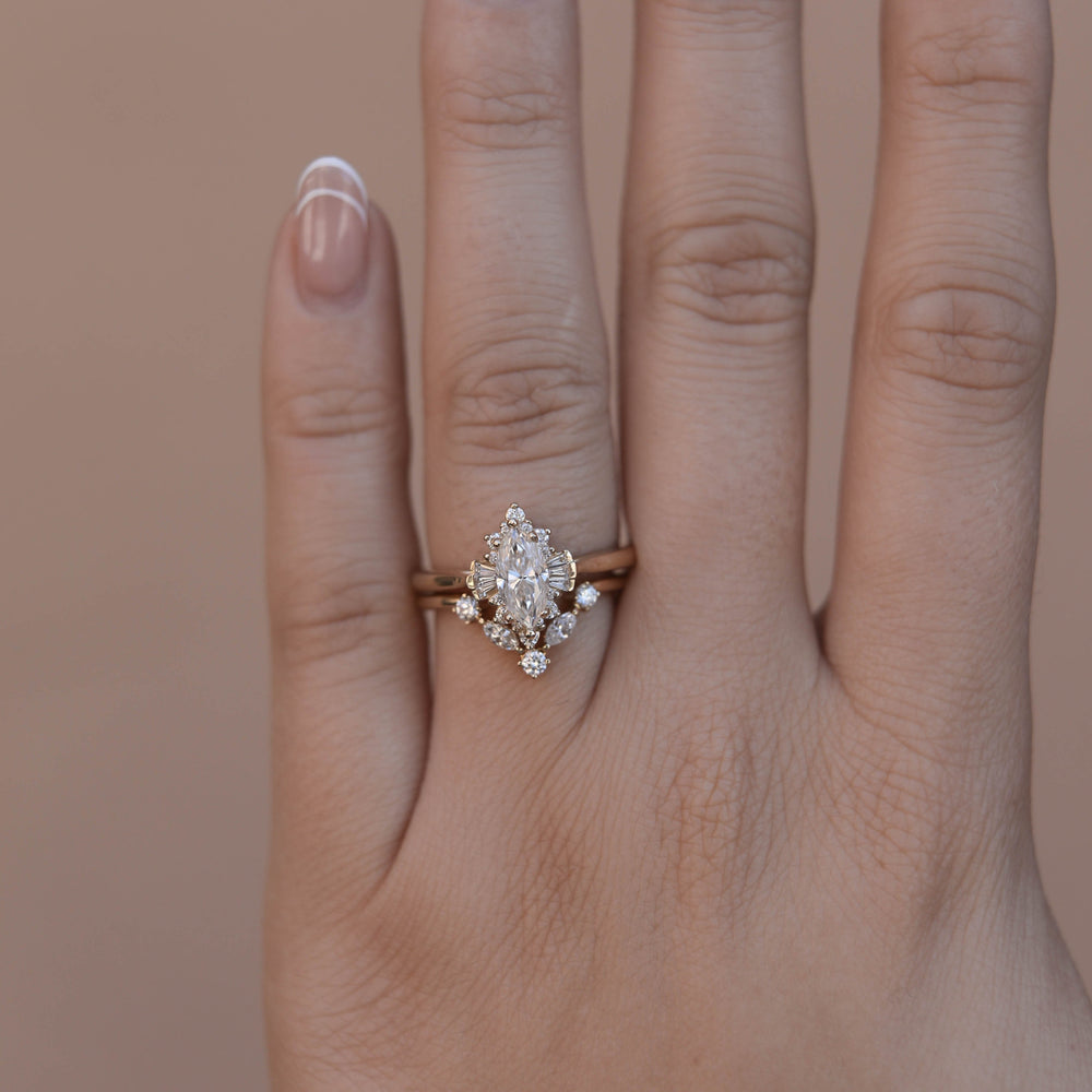 0.75CT Marquise Moissanite Cluster Diamond Wedding Ring Set