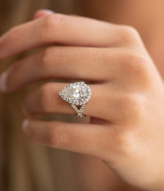 4.01ct Pear Cut Split Shank Moissanite Halo Diamond Engagement Ring