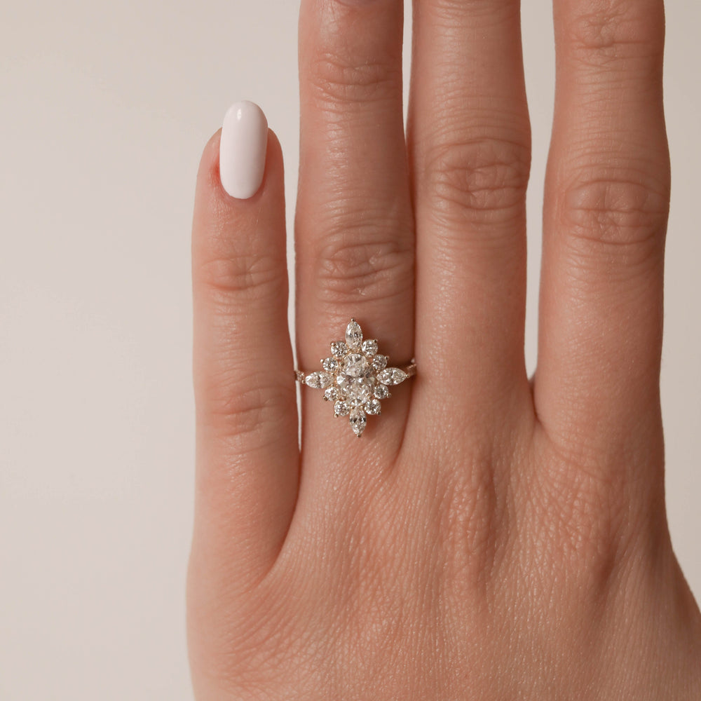 0.75ct Oval Cut Moissanite Cluster Diamond Engagement Ring