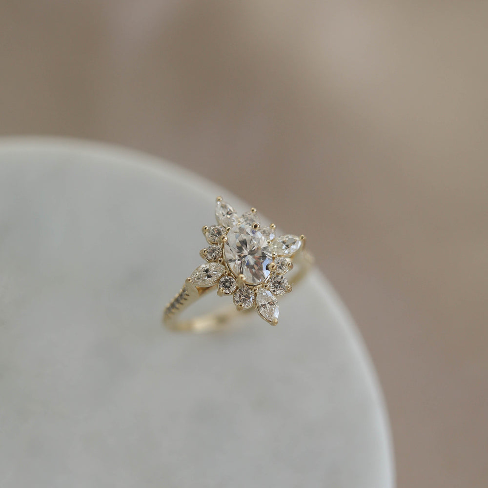 0.75ct Oval Cut Moissanite Cluster Diamond Engagement Ring