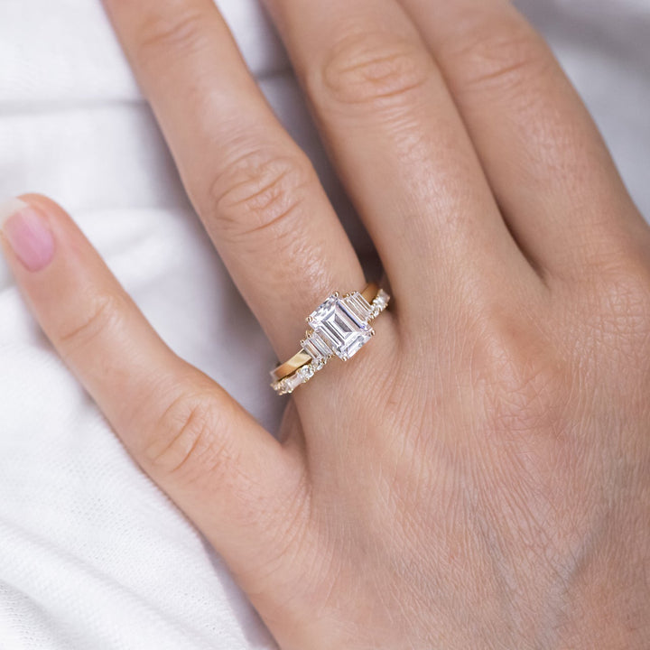 1.60CT Emerald Cut Moissanite 3 Stone Engagement Ring