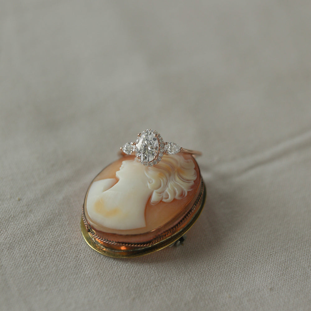 1.20ct Oval Halo Three Stone Moissanite Diamond Engagement Ring