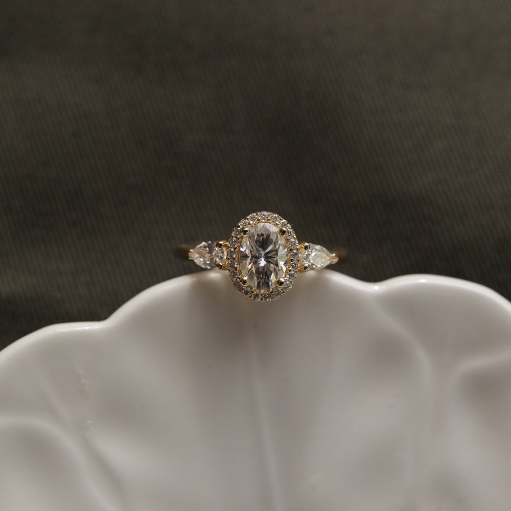 1.20ct Oval Halo Three Stone Moissanite Diamond Engagement Ring