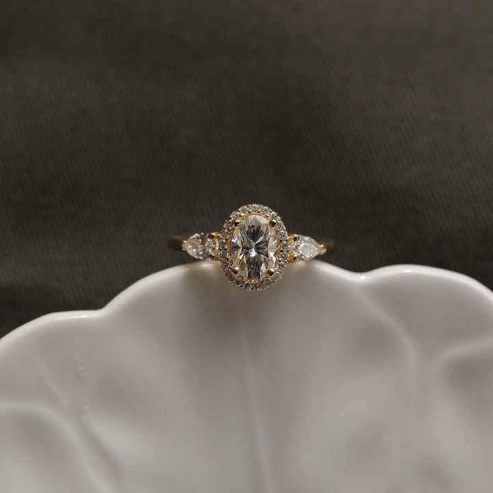 1.20ct Oval Halo Three Stone Moissanite Diamond Engagement Ring